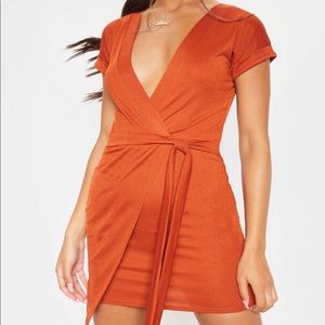 PRETTYLITTLETHING Rust Tie Dress